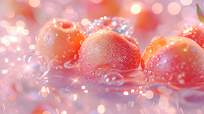 JPG 편집이미지 분홍색 사람없음 물 반짝임 물방울 화려 디지털합성 복숭아 편집실사 AI포토 AI콘텐츠 자연요소 컬러 컨셉 과일 모션 CG 파일형식