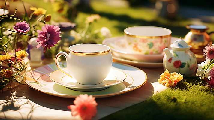 JPG 편집이미지 꽃 티타임 휴식 따뜻함 사람없음 소풍 정원 봄 차 포근함 찻잔 찻주전자 컵받침 디지털합성 편집실사 AI포토 AI콘텐츠 식물 계절 음료 컨셉 주전자 잔 야외활동 감각 받침대 CG 파일형식