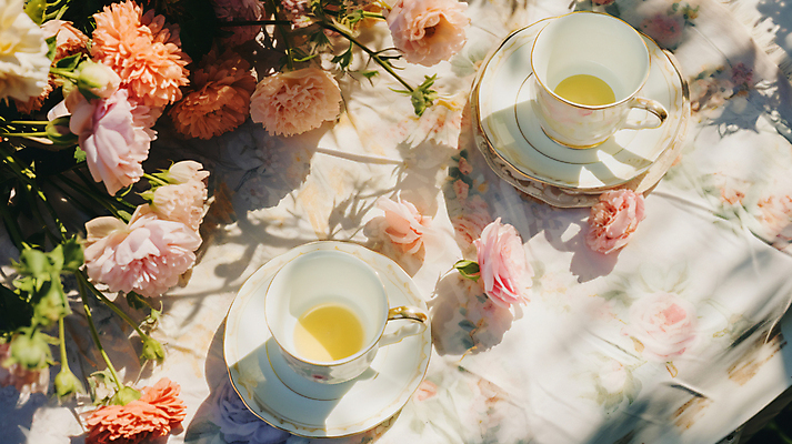 JPG 편집이미지 꽃 티타임 휴식 따뜻함 사람없음 소풍 정원 봄 식탁보 차 포근함 찻잔 컵받침 디지털합성 편집실사 AI포토 AI콘텐츠 식물 계절 음료 컨셉 잔 야외활동 감각 받침대 CG 파일형식