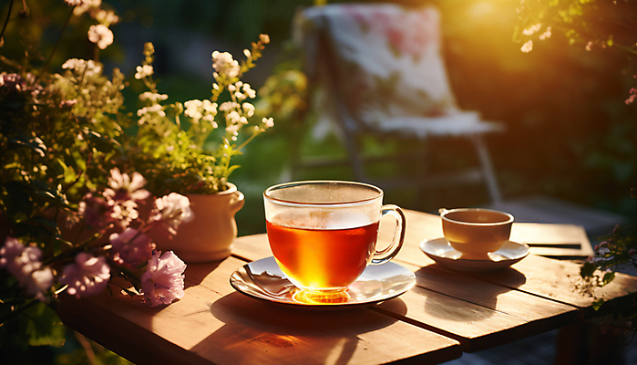 JPG 편집이미지 꽃 의자 탁자 티타임 휴식 따뜻함 사람없음 소풍 정원 봄 차 포근함 찻잔 컵받침 디지털합성 편집실사 AI포토 AI콘텐츠 식물 계절 음료 가구 컨셉 잔 야외활동 감각 받침대 CG 파일형식