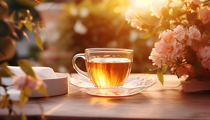 JPG 편집이미지 꽃 티타임 휴식 따뜻함 사람없음 소풍 정원 봄 차 포근함 찻잔 컵받침 디지털합성 편집실사 AI포토 AI콘텐츠 식물 계절 음료 컨셉 잔 야외활동 감각 받침대 CG 파일형식