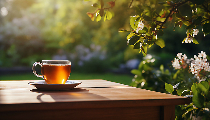 JPG 편집이미지 꽃 탁자 티타임 휴식 따뜻함 사람없음 소풍 정원 봄 차 포근함 찻잔 컵받침 디지털합성 편집실사 AI포토 AI콘텐츠 식물 계절 음료 가구 컨셉 잔 야외활동 감각 받침대 CG 파일형식