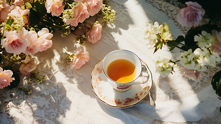 JPG 편집이미지 꽃 티타임 휴식 따뜻함 사람없음 소풍 정원 봄 식탁보 차 포근함 찻잔 티스푼 컵받침 디지털합성 편집실사 AI포토 AI콘텐츠 식물 계절 음료 컨셉 잔 야외활동 숟가락 감각 받침대 CG 파일형식