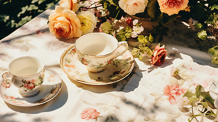 JPG 편집이미지 꽃 티타임 휴식 따뜻함 사람없음 소풍 정원 봄 식탁보 차 포근함 찻잔 컵받침 디지털합성 편집실사 AI포토 AI콘텐츠 식물 계절 음료 컨셉 잔 야외활동 감각 받침대 CG 파일형식