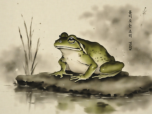 PSD 동물 한마리 일러스트 개구리 수묵화 사람없음 연못 빈티지 분위기 절기 동양화 경칩 국내일러스트 1 계절 컨셉 양서류 미술 파일형식