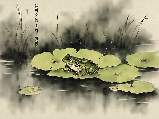 PSD 동물 한마리 일러스트 개구리 수묵화 사람없음 연못 빈티지 분위기 절기 동양화 연잎 경칩 국내일러스트 1 계절 컨셉 잎 양서류 미술 파일형식