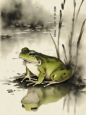 PSD 동물 한마리 일러스트 개구리 수묵화 사람없음 연못 빈티지 분위기 절기 동양화 연잎 경칩 국내일러스트 1 계절 컨셉 잎 양서류 미술 파일형식