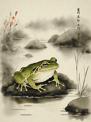 PSD 동물 한마리 일러스트 개구리 수묵화 사람없음 바위 연못 빈티지 분위기 절기 동양화 경칩 국내일러스트 1 계절 컨셉 양서류 미술 돌_바위 파일형식