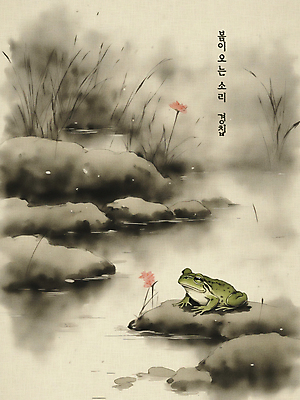 PSD 동물 한마리 꽃 일러스트 개구리 수묵화 사람없음 바위 연못 빈티지 분위기 절기 동양화 경칩 국내일러스트 식물 1 계절 컨셉 양서류 미술 돌_바위 파일형식