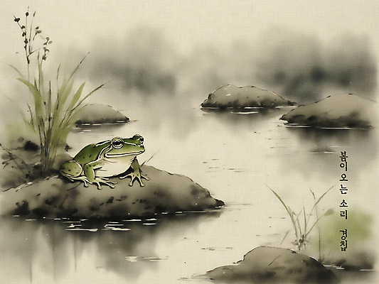 PSD 동물 한마리 일러스트 개구리 수묵화 사람없음 바위 연못 빈티지 분위기 절기 동양화 경칩 국내일러스트 1 계절 컨셉 양서류 미술 돌_바위 파일형식