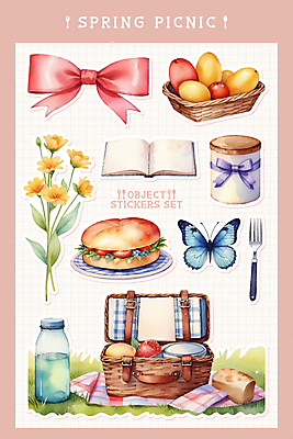 PSD 꽃 리본 나비 포크 스티커 과일 일러스트 샌드위치 사람없음 세트 공책 봄 화려 병 오브젝트 피크닉용품 소풍바구니 엘리먼트 국내일러스트 식물 식기 계절 음식 곤충 컨셉 문구용품 소풍 바구니 파일형식