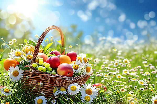 JPG 편집이미지 꽃 꽃밭 과일 하늘 휴식 풍경 사람없음 일상 소풍 바구니 봄 화사함 편집실사 AI포토 AI콘텐츠 식물 계절 컨셉 라이프 야외활동 CG 파일형식