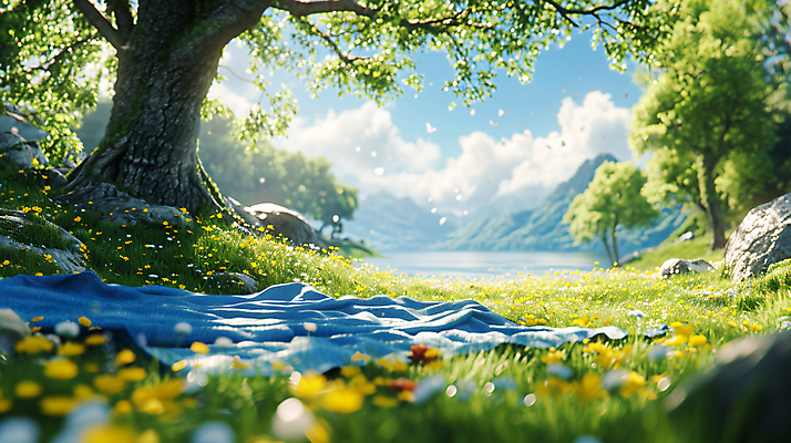 JPG 나무 구름 편집이미지 꽃 호수 하늘 휴식 산 풍경 사람없음 일상 소풍 봄 돌_바위 돗자리 화사함 편집실사 AI포토 AI콘텐츠 자연요소 식물 계절 컨셉 라이프 야외활동 CG 파일형식