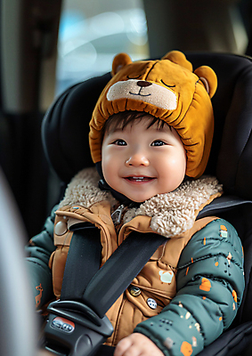 JPG 편집이미지 응시 자동차 한명 미소 안전 상반신 아기 보호 안전벨트 자동차내부 카시트 의료성형뷰티 편집실사 AI인물포토 AI콘텐츠 1 시선 육상교통 컨셉 의자 표정 사람 내부 CG 파일형식 AI포토