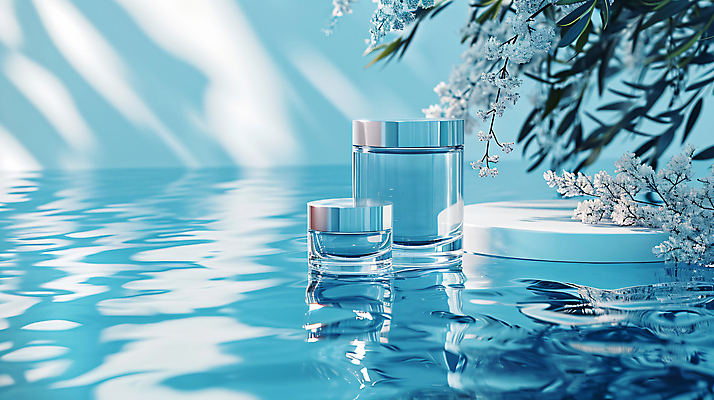 JPG 편집이미지 꽃 잎 사람없음 파란색 빛 뷰티 반사 화장품 수면 오브젝트 아이템 공병 편집실사 AI포토 AI콘텐츠 식물 컬러 물 CG 병_담는 파일형식