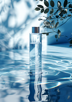 JPG 편집이미지 잎 그림자 사람없음 파란색 빛 뷰티 반사 화장품 수면 오브젝트 아이템 편집실사 AI포토 AI콘텐츠 식물 컬러 물 CG 파일형식