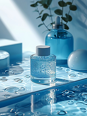 JPG 편집이미지 잎 사람없음 파란색 빛 뷰티 반사 화장품 수면 오브젝트 아이템 앰플 편집실사 AI포토 AI콘텐츠 식물 컬러 물 CG 파일형식