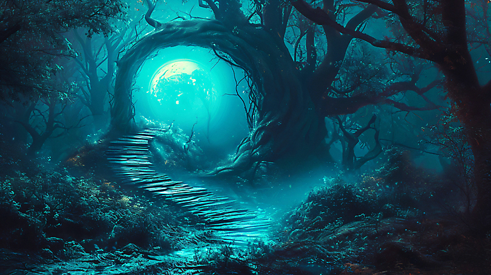 JPG 편집이미지 길 하늘색 백그라운드 사람없음 빛 판타지 어둠 숲속 신비 디지털합성 합성 울창 환상 편집소스 이미지편집 편집실사 AI컴퓨터그래픽 AI콘텐츠 컨셉 상상 자연 파란색 숲 CG 파일형식