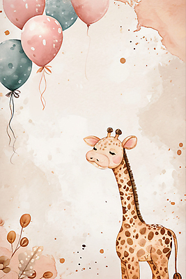 JPG 한마리 잎 일러스트 수채화 사람없음 포근함 기린 질감 풍선 카피스페이스 국내일러스트 AI일러스트 AI콘텐츠 식물 1 포유류 공백 감각 파일형식