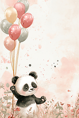 JPG 한마리 잎 일러스트 수채화 사람없음 포근함 판다 질감 풍선 카피스페이스 국내일러스트 AI일러스트 AI콘텐츠 식물 1 곰 공백 감각 파일형식