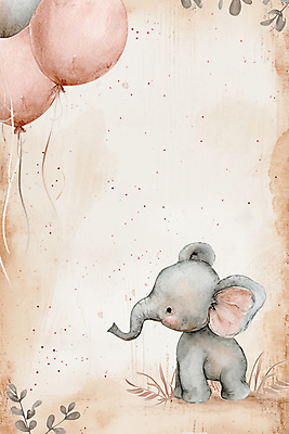 JPG 한마리 잎 일러스트 코끼리 수채화 사람없음 포근함 질감 풍선 카피스페이스 국내일러스트 AI일러스트 AI콘텐츠 식물 1 포유류 공백 감각 파일형식