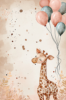 JPG 한마리 잎 일러스트 수채화 사람없음 포근함 기린 질감 풍선 카피스페이스 국내일러스트 AI일러스트 AI콘텐츠 식물 1 포유류 공백 감각 파일형식