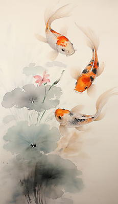 JPG 꽃 잎 일러스트 어류 사람없음 동양화 디지털합성 그림 번짐 잉어 비단잉어 국내일러스트 AI일러스트 AI콘텐츠 식물 미술 수중동물 민물고기 파일형식 효과