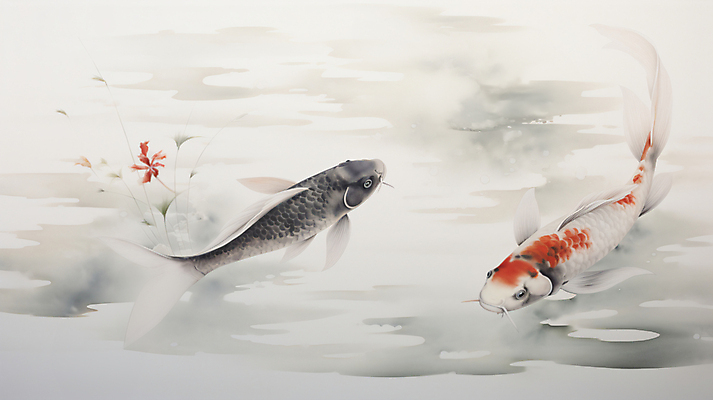 JPG 꽃 잎 일러스트 어류 사람없음 동양화 디지털합성 그림 번짐 잉어 비단잉어 국내일러스트 AI일러스트 AI콘텐츠 식물 미술 수중동물 민물고기 파일형식 효과