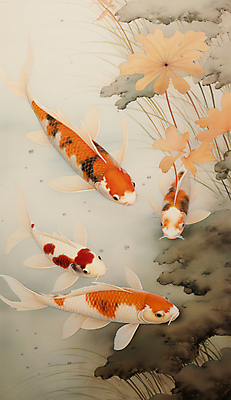 JPG 잎 일러스트 어류 사람없음 물방울 동양화 디지털합성 그림 잉어 비단잉어 국내일러스트 AI일러스트 AI콘텐츠 식물 미술 수중동물 민물고기 파일형식