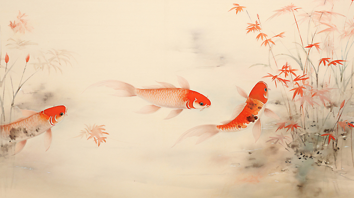 JPG 꽃 일러스트 어류 사람없음 동양화 디지털합성 그림 번짐 잉어 비단잉어 국내일러스트 AI일러스트 AI콘텐츠 식물 미술 수중동물 민물고기 파일형식 효과