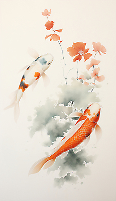 JPG 꽃 일러스트 어류 사람없음 동양화 디지털합성 그림 잉어 비단잉어 국내일러스트 AI일러스트 AI콘텐츠 식물 미술 수중동물 민물고기 파일형식