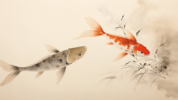 JPG 잎 일러스트 어류 사람없음 동양화 디지털합성 그림 번짐 잉어 비단잉어 국내일러스트 AI일러스트 AI콘텐츠 식물 미술 수중동물 민물고기 파일형식 효과
