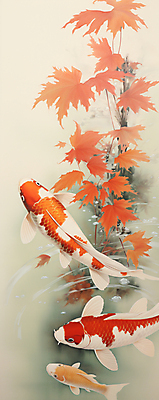 JPG 물결 잎 일러스트 어류 사람없음 동양화 디지털합성 그림 잉어 비단잉어 국내일러스트 AI일러스트 AI콘텐츠 식물 미술 수중동물 민물고기 파일형식