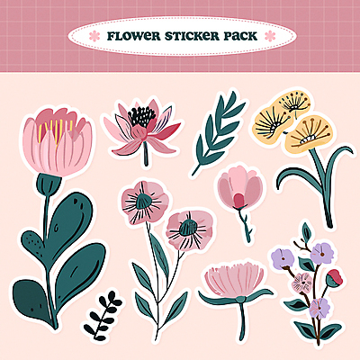 분홍색 스티커 잎 일러스트 봄꽃 사람없음 세트 봄 오브젝트 팬시 엘리먼트 국내일러스트 AI파일 식물 계절 꽃 컬러 파일형식 벡터