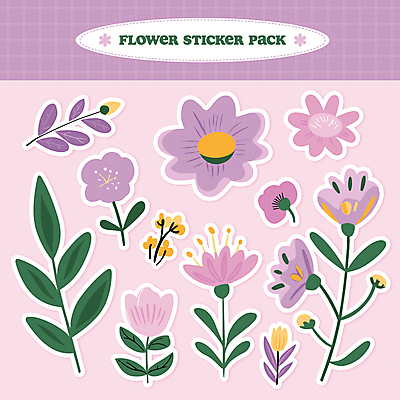 스티커 잎 일러스트 봄꽃 사람없음 세트 보라색 봄 오브젝트 팬시 엘리먼트 국내일러스트 AI파일 식물 계절 꽃 컬러 파일형식 벡터