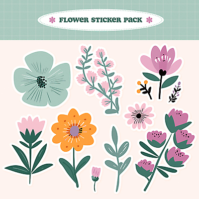 스티커 잎 일러스트 봄꽃 사람없음 세트 보라색 봄 오브젝트 팬시 엘리먼트 국내일러스트 AI파일 식물 계절 꽃 컬러 파일형식 벡터