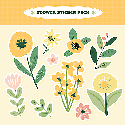 스티커 잎 일러스트 봄꽃 사람없음 세트 노란색 봄 오브젝트 팬시 엘리먼트 국내일러스트 AI파일 식물 계절 꽃 컬러 파일형식 벡터
