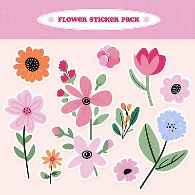 분홍색 스티커 잎 일러스트 봄꽃 사람없음 세트 봄 오브젝트 팬시 엘리먼트 국내일러스트 AI파일 식물 계절 꽃 컬러 파일형식 벡터