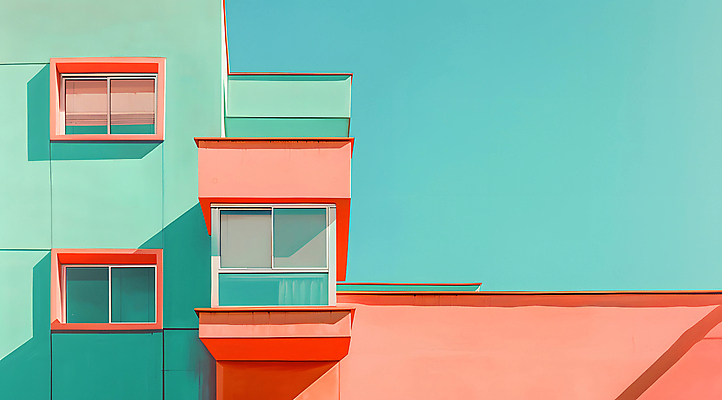 JPG 편집이미지 분홍색 창문 빌딩 사람없음 건물 주황색 디지털합성 민트색 파스텔톤 편집소스 미니멀 편집실사 AI포토 AI콘텐츠 건축물 컬러 CG 파일형식