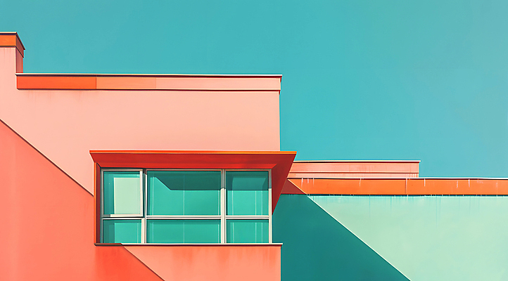 JPG 편집이미지 분홍색 창문 빌딩 사람없음 건물 주황색 디지털합성 민트색 파스텔톤 편집소스 미니멀 편집실사 AI포토 AI콘텐츠 건축물 컬러 CG 파일형식