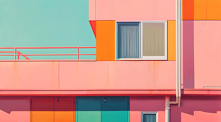 JPG 편집이미지 분홍색 창문 빌딩 사람없음 건물 주황색 디지털합성 민트색 파스텔톤 편집소스 미니멀 편집실사 AI포토 AI콘텐츠 건축물 컬러 CG 파일형식