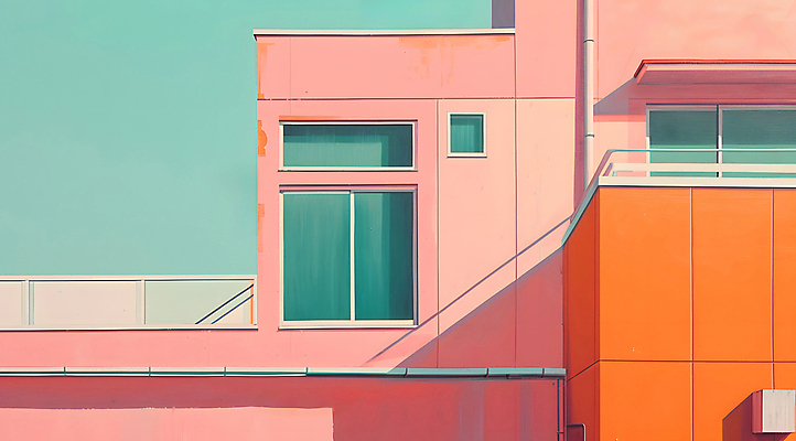 JPG 편집이미지 분홍색 창문 빌딩 사람없음 건물 주황색 디지털합성 민트색 파스텔톤 편집소스 미니멀 편집실사 AI포토 AI콘텐츠 건축물 컬러 CG 파일형식