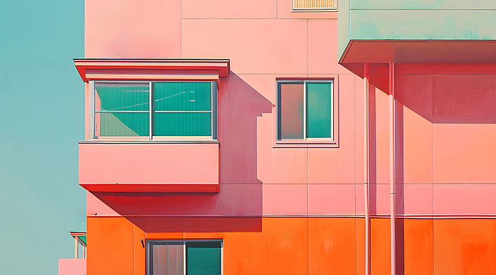 JPG 편집이미지 분홍색 창문 빌딩 사람없음 건물 주황색 디지털합성 민트색 파스텔톤 편집소스 미니멀 편집실사 AI포토 AI콘텐츠 건축물 컬러 CG 파일형식