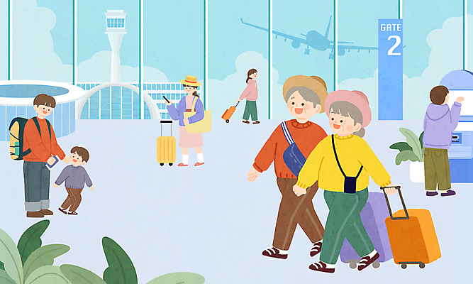 전신 PSD 여자 할아버지 노년 남자 할머니 어린이 여행 일러스트 창문 비행기 소년 여러명 성인 걷기 캐리어 당기기 공항 은퇴 설렘 국내일러스트 다수 항공교통 교통시설 모션 대중교통 사람 여행가방 파일형식