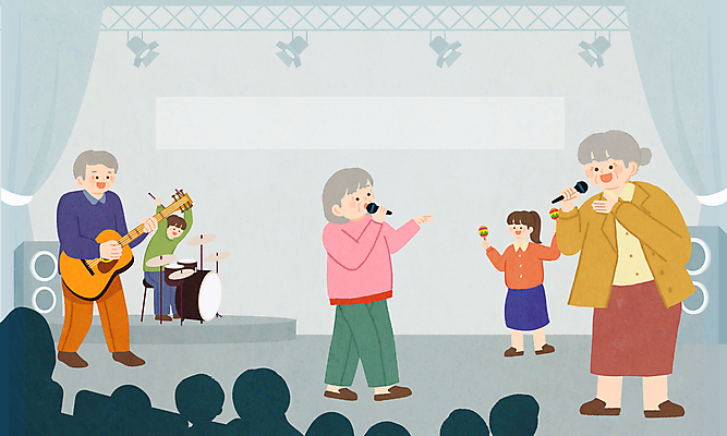 전신 PSD 여자 할아버지 노년 남자 할머니 악기 일러스트 노래 여러명 성인 스피커 기타 군중 은퇴 공연장 즐거움 드럼 마라카스 국내일러스트 감정 음악 음향기기 다수 현악기 타악기 사람 극장 파일형식