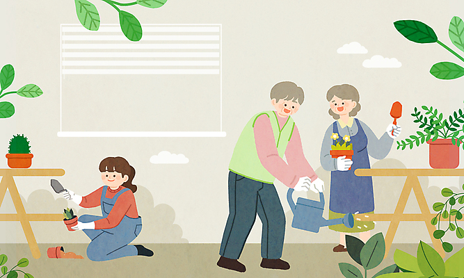 PSD 여자 할아버지 노년 남자 화분 할머니 잎 일러스트 들기 성인 세명 흙 물뿌리개 은퇴 모종삽 물주기 원예 베이지색 원예용품 국내일러스트 식물 컬러 생활용품 모션 사람 취미 삽 파일형식