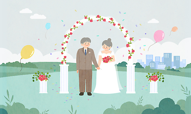전신 PSD 구름 드레스 공원 여자 할아버지 노년 남자 할머니 결혼 일러스트 결혼식 사랑 턱시도 두명 장식 장미 손잡기 은퇴 꽃가루 풍선 신랑신부 노인만 웨딩아치 국내일러스트 자연요소 옷 공공시설 꽃 감정 신부_웨딩 신랑 모션 사람 정장 이벤트 성인 가루 결혼소품 성인만 파일형식