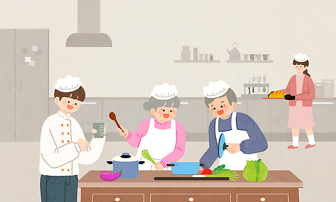 전신 PSD 여자 할아버지 노년 남자 할머니 일러스트 식재료 주방용품 요리 들기 여러명 상반신 성인 학습 요리사 교사 은퇴 베이지색 요리교실 요리수업 쿠킹클래스 국내일러스트 직업 교육 컬러 생활용품 다수 모션 수업 사람 클래스 파일형식