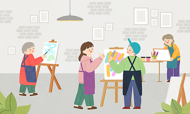 전신 PSD 여자 할아버지 노년 남자 할머니 일러스트 미술 미소 여러명 성인 취미 학습 앞치마 물감 회색 그리기 작업실 은퇴 이젤 그림 화실 캔버스 따봉 미술교육 그림도구 국내일러스트 교육 컬러 다수 모션 문화예술 표정 사람 미술도구 최고 미술실 파일형식