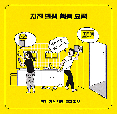 전신 PSD 여자 남자 말풍선 일러스트 출입구 안전 성인 두명 노란색 주방 전기에너지 위험 무서움 싱크대 공포 가스 깨짐 대피 위급 지진 성인만 차단 행동요령 국내일러스트 감정 컬러 컨셉 사람 에너지 자연재해 개수대 파일형식